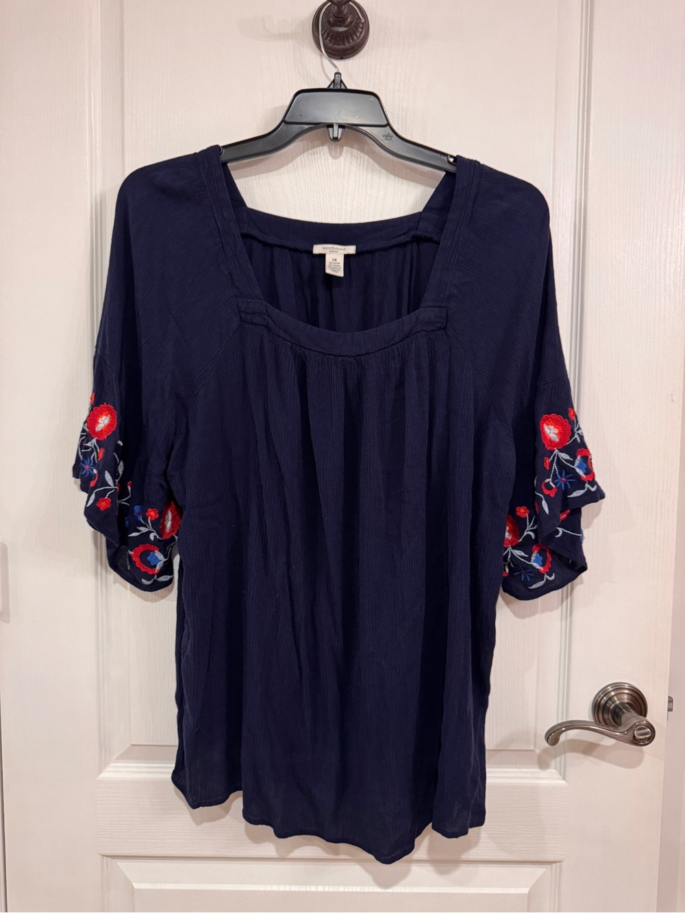 Westbound Navy Peasant Tunic with Red & Blue Sleeve Embroidery